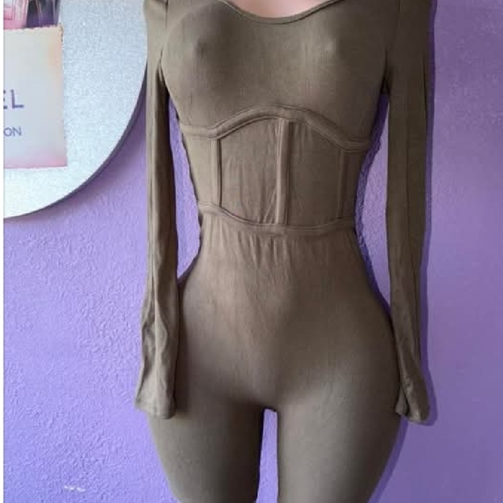 Slim-Fit Long Sleeve Corset Jumpsuit — Olive Green